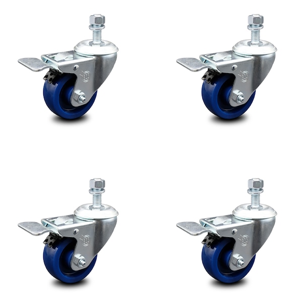 3 Inch Solid Polyurethane Swivel 12mm Stem Caster Set with Total Lock Brake